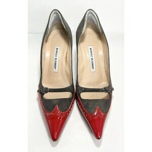 Manolo Blahnik Mary Jane Heels Gray Suede w/ Red Patent Toe Buckle Y2K Sz 39 9